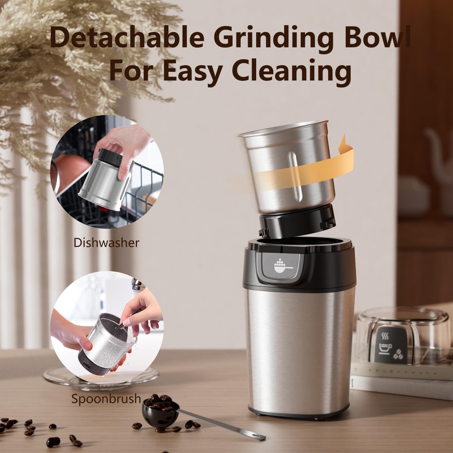 QEXREED Macina Caffe' Elettrico 200W, Macinacaffè Elettrico con Contenitori Rimovibili in acciaio inossidabile, 70g Capacità, per Chicchi di Caffè, Spezie, Cereali, Pepe, Noci