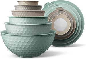 Cook with Color Mixing Bowls with Lids - 12 Piece Plastic Nesting Bowls Set Includes 6 Prep Bowls and 6 Lids, Non Slip Bottom and Embossed Design - Microwave Safe (Mint)