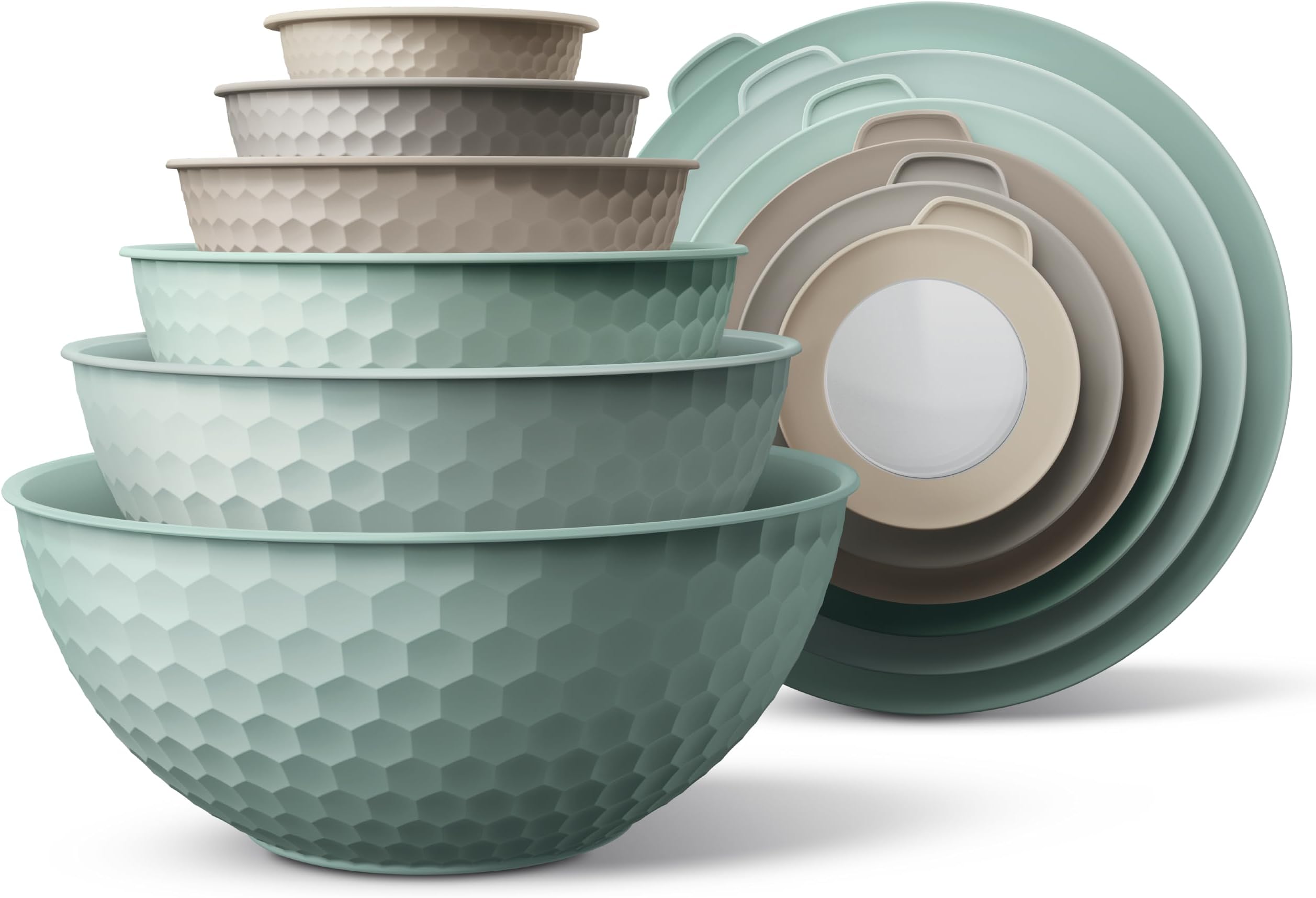 Mixing Bowls with Lids - 12 Piece Plastic Nesting Bowls Set includes 6 Prep Bowls and 6 Lids, Microwave Safe Mixing Bowl Set, Mint Embossed