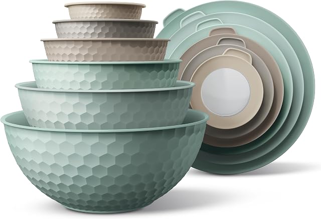 Cook with Color Mixing Bowls with Lids - 12 Piece Plastic Nesting Bowls Set Includes 6 Prep Bowls and 6 Lids, Non Slip Bottom and Embossed Design - Microwave Safe (Mint)