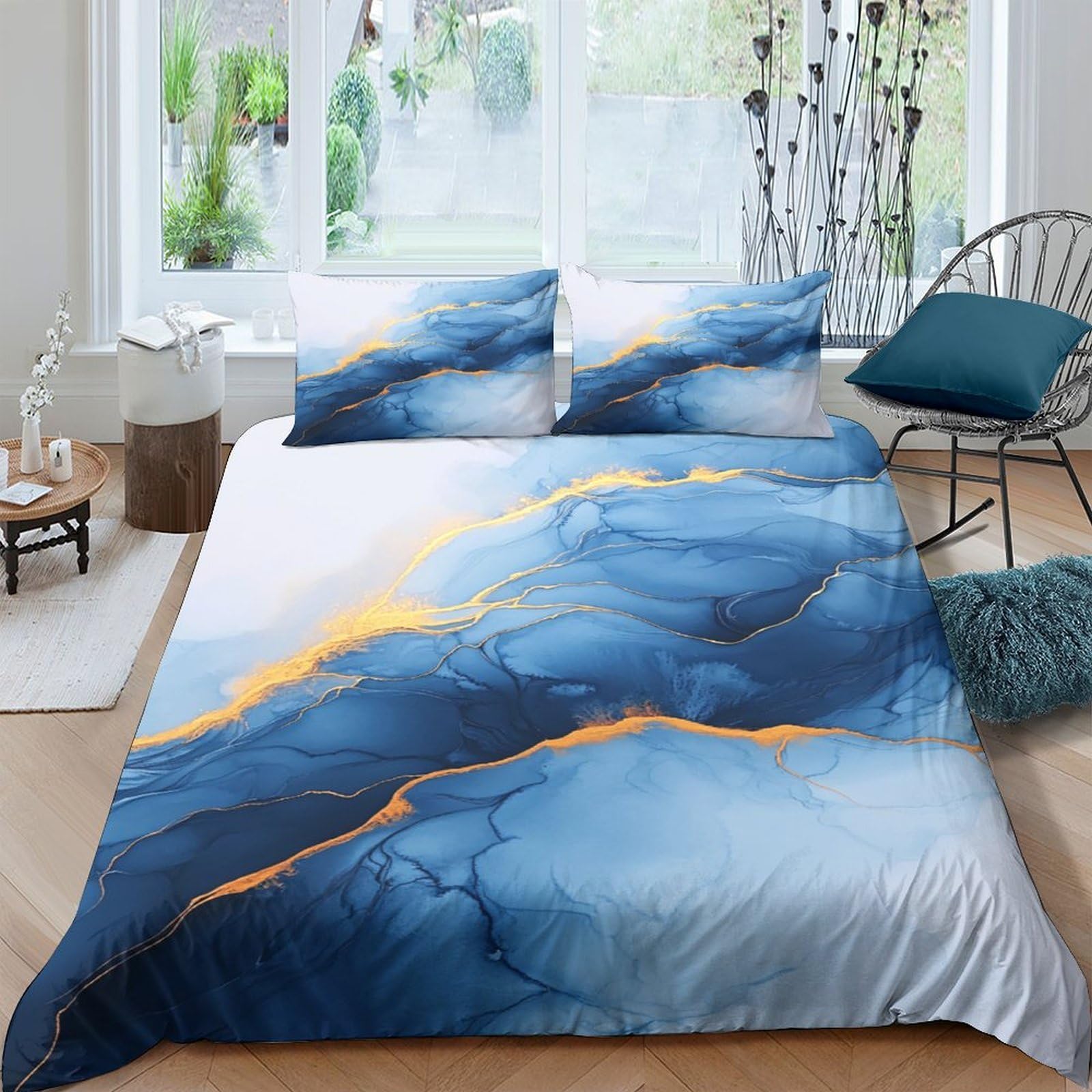 Ctjqhvkz Style-9 3D Printed Blue Marble Fitted Sheet Microfiber Soft Breathable Abstract Gold Mattress Cover For Bedroom Guestroom Decor Single（135X200cm）