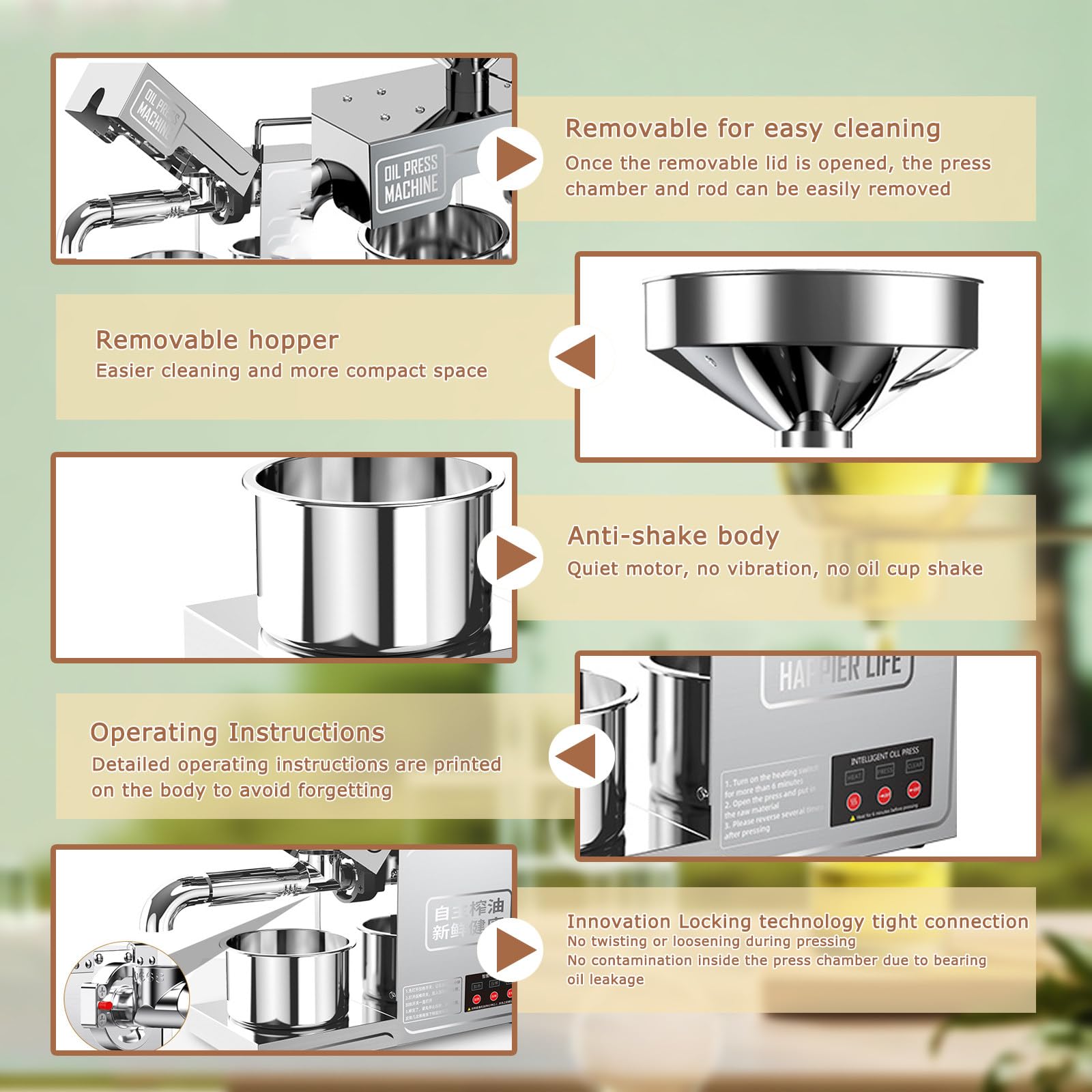 Aceitera Eléctrica, Prensa De Aceite para Cacahuetes, Acero Inoxidable 304, 0.6kWh/h, para Aceite de Coco y Oliva, Barra de Prensado extraíble,Fácil de Limpiar
