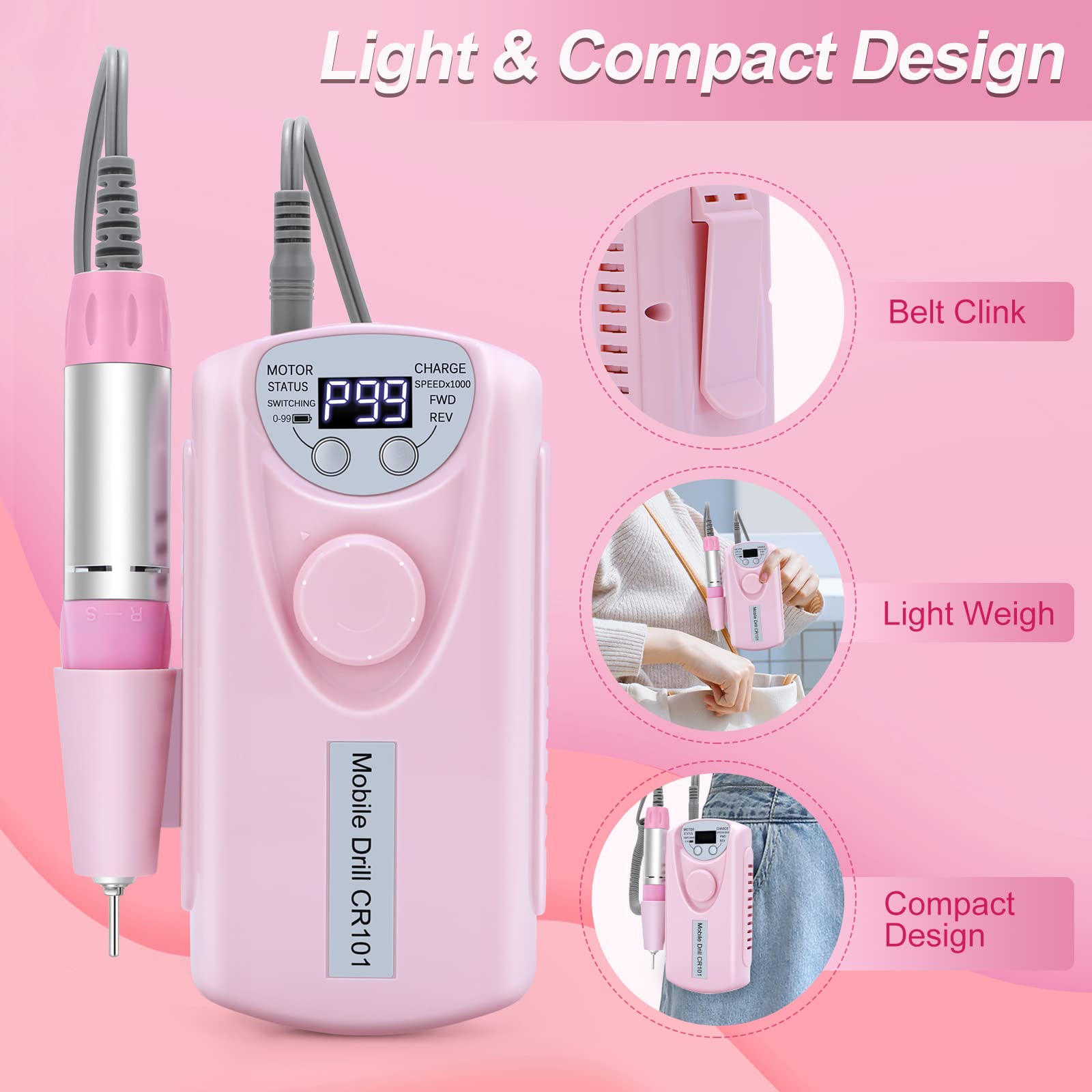 Perceuse à ongles électrique portable - 35 000 tr/min professionnelle rechargeable - Lime à ongles sans fil pour enlever le vernis à ongles en gel - Pour Salon de manucure kit d'embouts, rose
