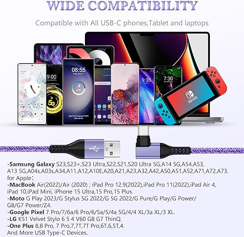 Miniatura 7 de Cable USB tipo C de 6 pies, 3 unidades de cable de carga rápida en ángulo recto, cable de carga USB C de 3.1 A para iPhone 17 16 15 Samsung Galaxy