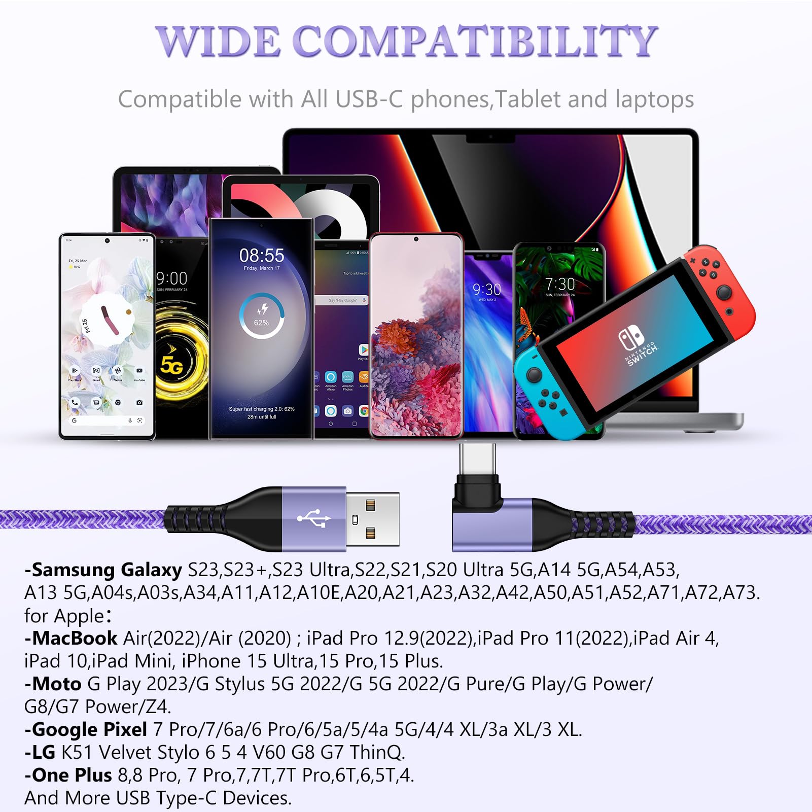 Cavo USB tipo C, confezione da 3 pezzi, 1,8 m, USB C ad angolo retto, cavo intrecciato in nylon da 3,1 A, per Samsung Galaxy S23 Ultra S23 Plus A14 5G A54 A34 S22 S21 S20 A23 A13 A53 A03s, Google