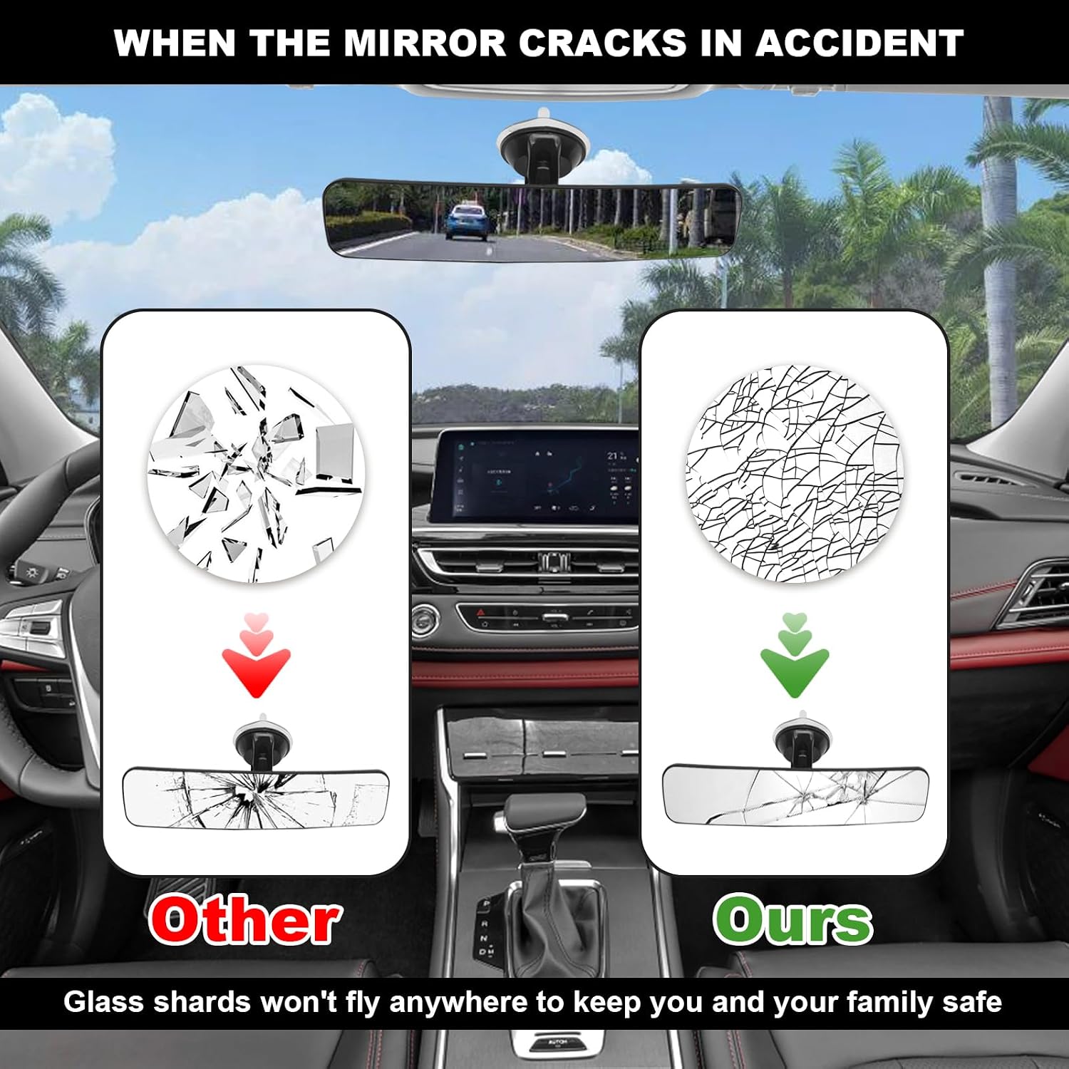 Anti Glare Reduce Blind Spots Convex Wide Angle Hd Auto Inside Rearview Mirror 360 Degrees Adjustable Car Rear View Mirror with Suction Cup Compatible With Boats, Vans, Trucks, SUV