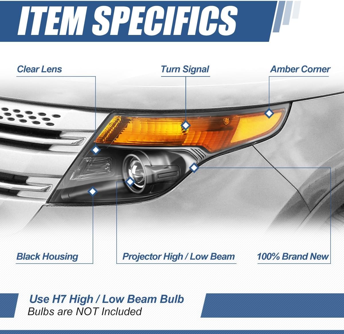 Auto Dynasty Headlights Assembly Compatible with 2011 2012 2013 2014 2015 Ford Explorer 5th Gen U502, Pair of Projector Headlamps, Driver and Passenger Side, Black Housing Amber Corner