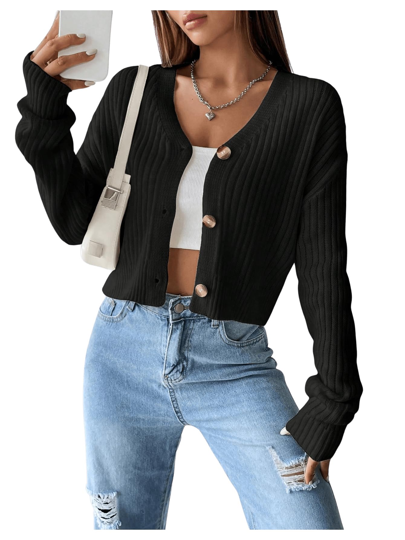 Milumia Womens Button Down Cropped Cardigan Ribbed Long Sleeve Loose Sweater Knitwear