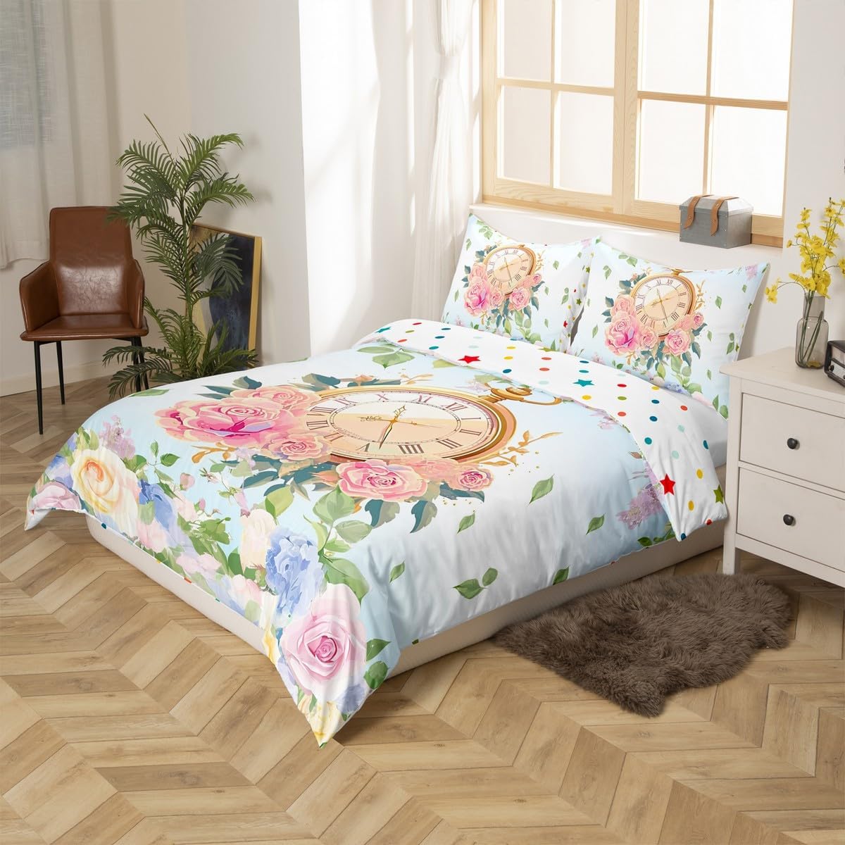 Castle Fairy Dreamy Floral Duvet Cover Set Twin Size,Rustic Watch Print Watercolor Reversible Bedding Set Soft Bedroom Decor,Romantic Flowers Leaves Plant Polyester Quilt Cover (No Comforter), 2 Pcs