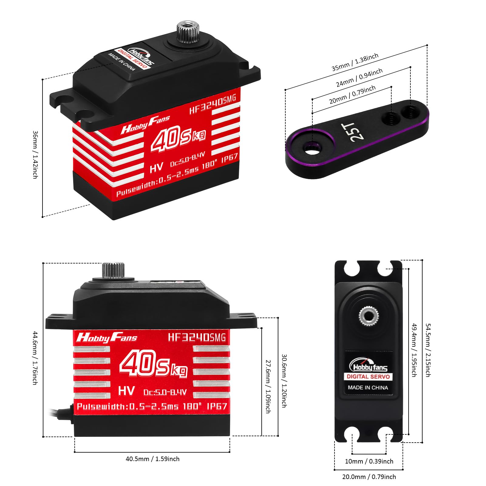 Servo numérique RC - 40 kg - Servo à couple élevé - Tout étanche - En métal - Avec 2 trompes de servo 25T - Pour voiture RC 1/12 1/10 1/8 RC Car RC Crawler - Rouge
