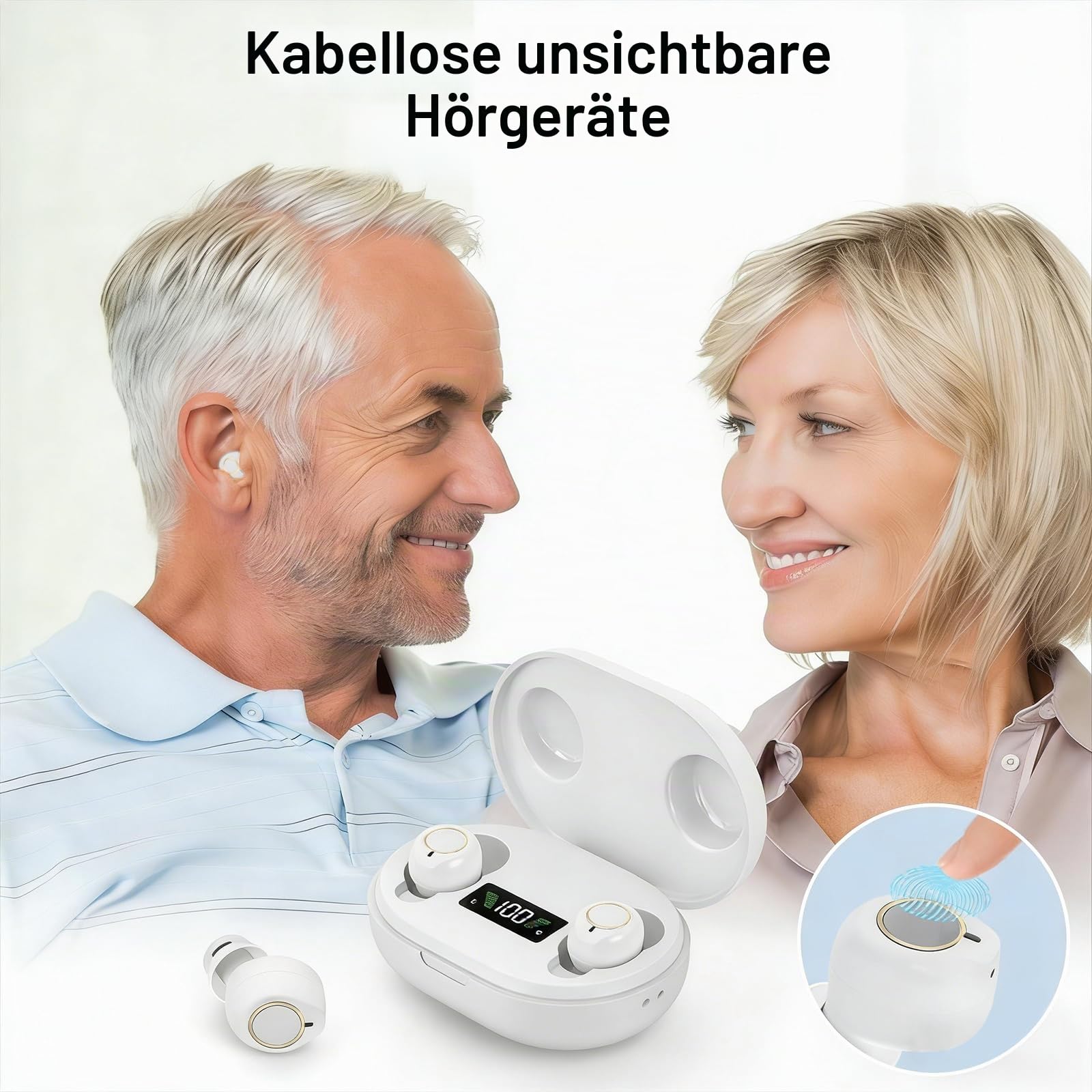 Wiederaufladbares Soundgerät für Senioren & Erwachsene, digitales Audiogerät mit 3,2 g leichtem In-Ear-Ohrhörer, Power on Anti-Heulen, Touch-Steuerung & LED-Ladehülle (Weiß)