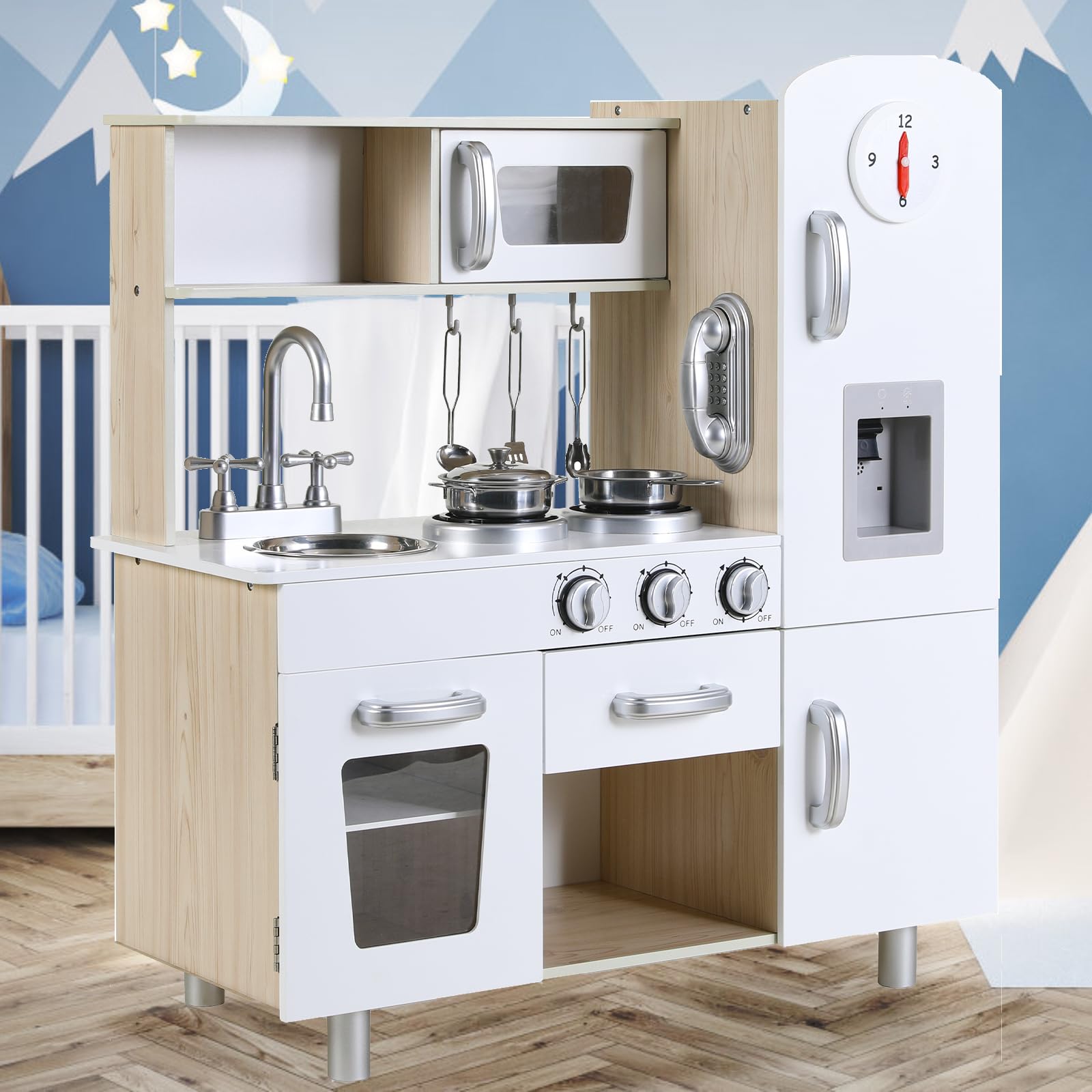 Cuisine Enfant En Bois Clevich – 81x74x30 Cm Avec Machine à Glace, Téléphone Et Horloge – Cadeau Idéal Filles Et Garçons (Blanc)