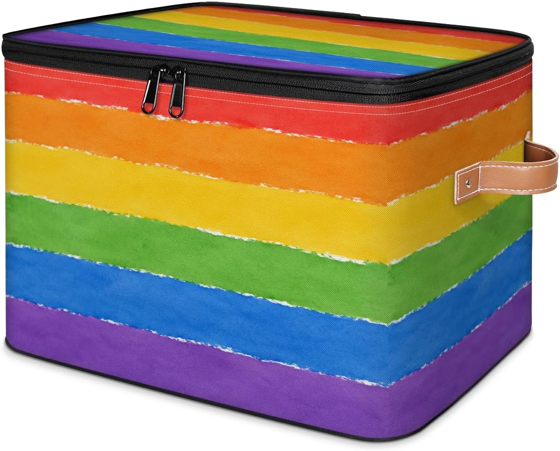 Striped Rainbow Fabric Storage Boxes with Lid