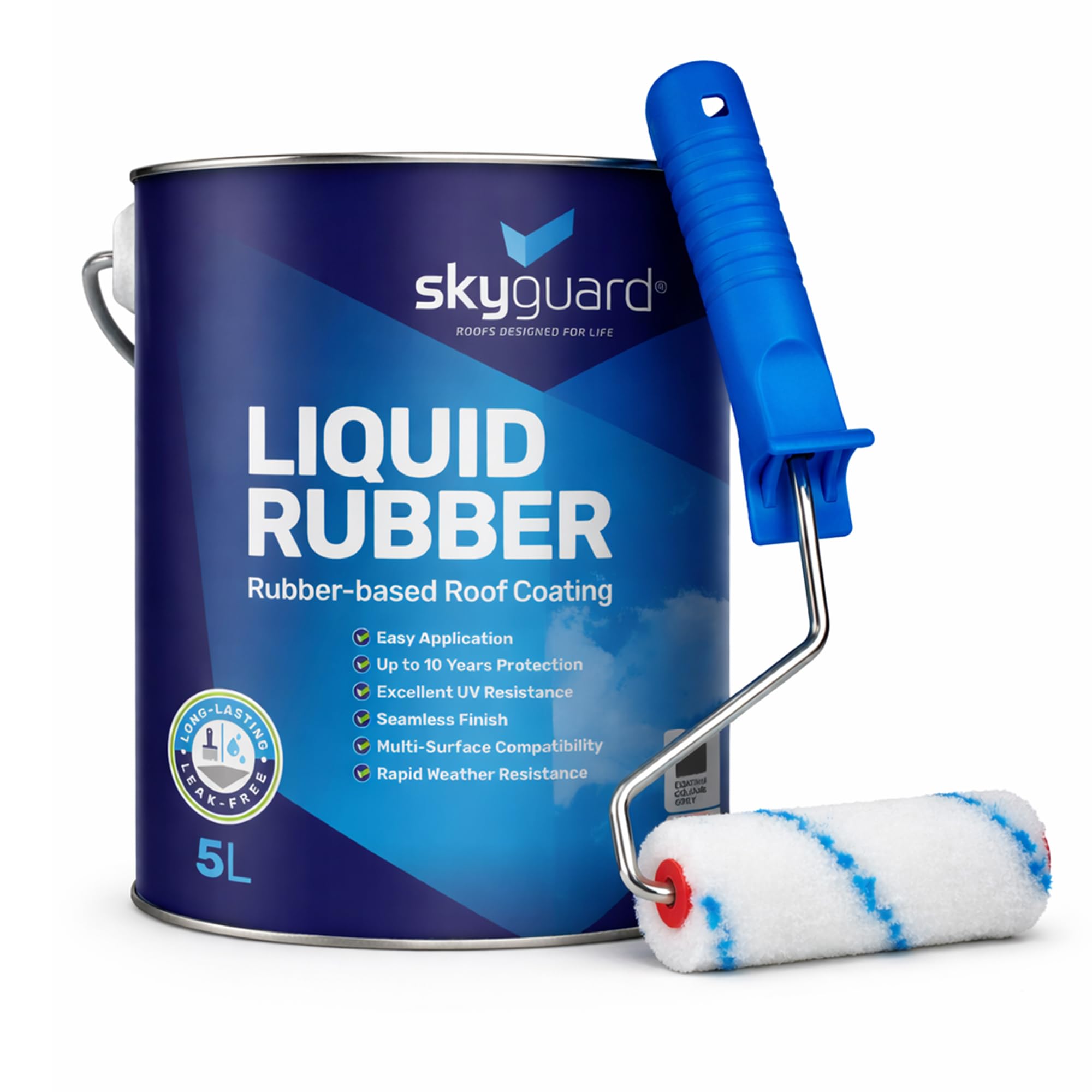 Skyguard Liquid Rubber Roof Coating – One Coat Waterproofing | 5 litres | Liquid Roof Repair for GRP, Felt & More | Roller Included (Grey)