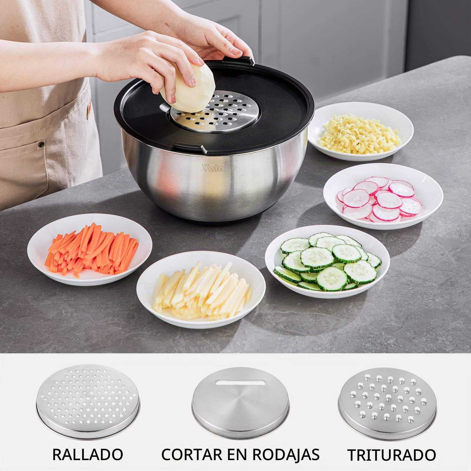 Velaze Juego de cuencos de acero inoxidable, 5 unidades, ensaladera con tapa, cuenco para mezclar con 3 ralladores, base de silicona antideslizante, 5 l, 3 l, 2 l, 1,5 l, 1 l, diferentes tamaños para