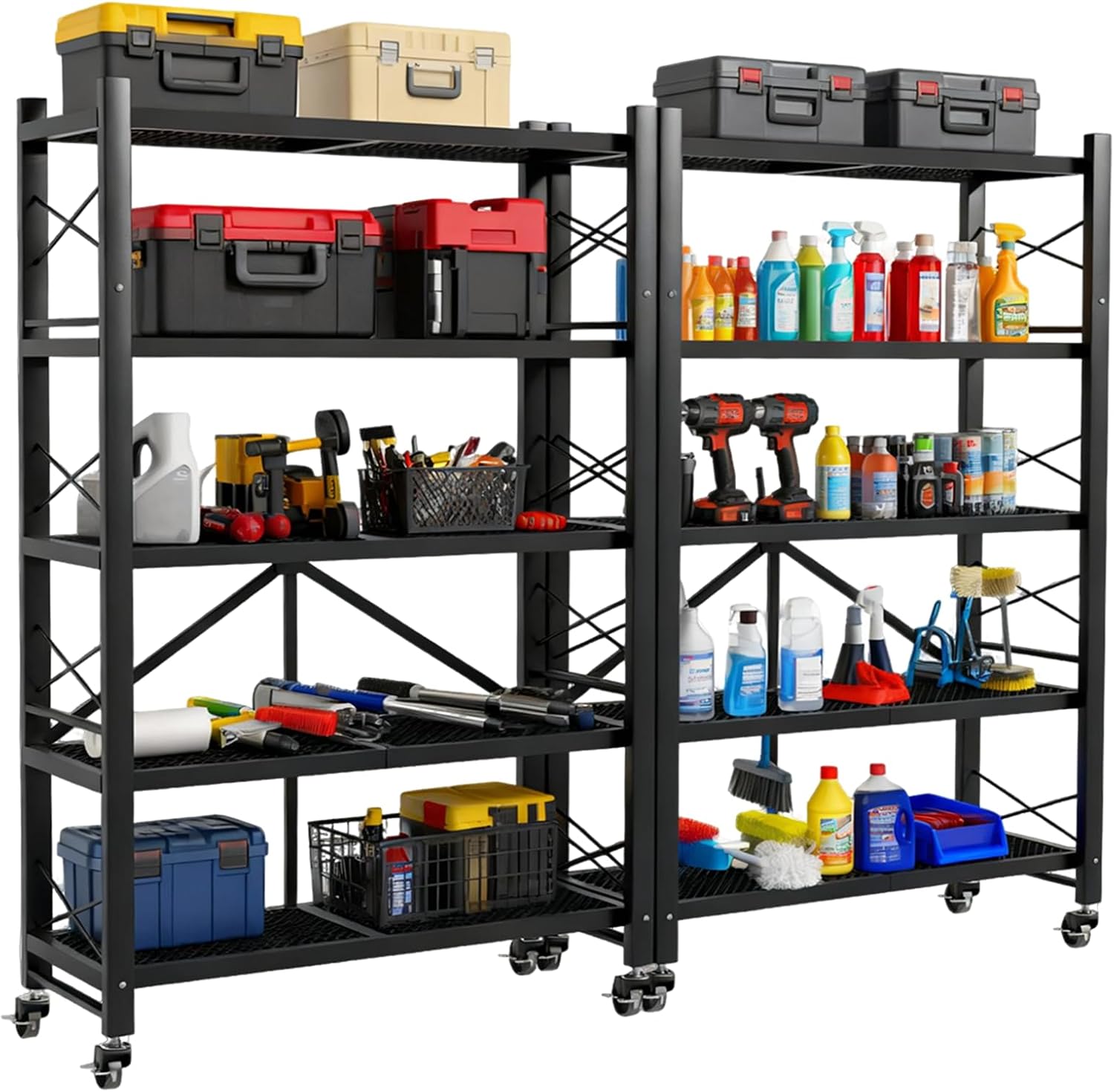 5-Tier Folding Storage Shelves, Heavy Duty Garage Shelving Unit, Adjustable Metal Standing Storage Rack Shelf, No Assembly Wire Shelving Organizer with Wheels for Kitchen Pantry Warehouse
