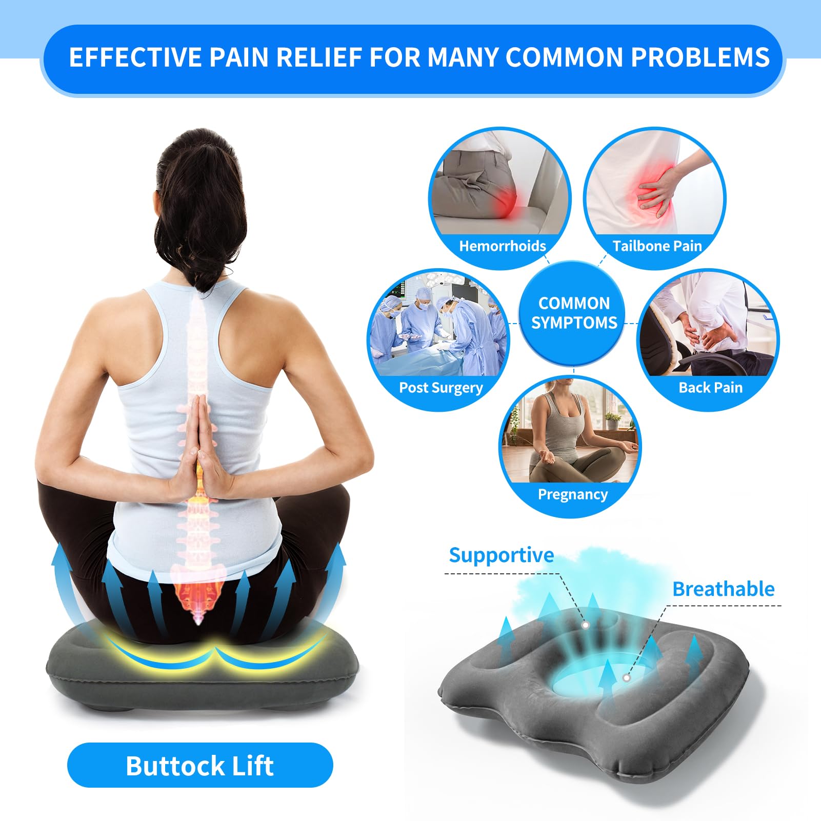 Winuoyang Donut Cushion, Inflatable Hemorrhoid Cushion Ring Pillow for Pressure Relief Donut Seat Pillow for Pregnancy Coccyx - Image 2