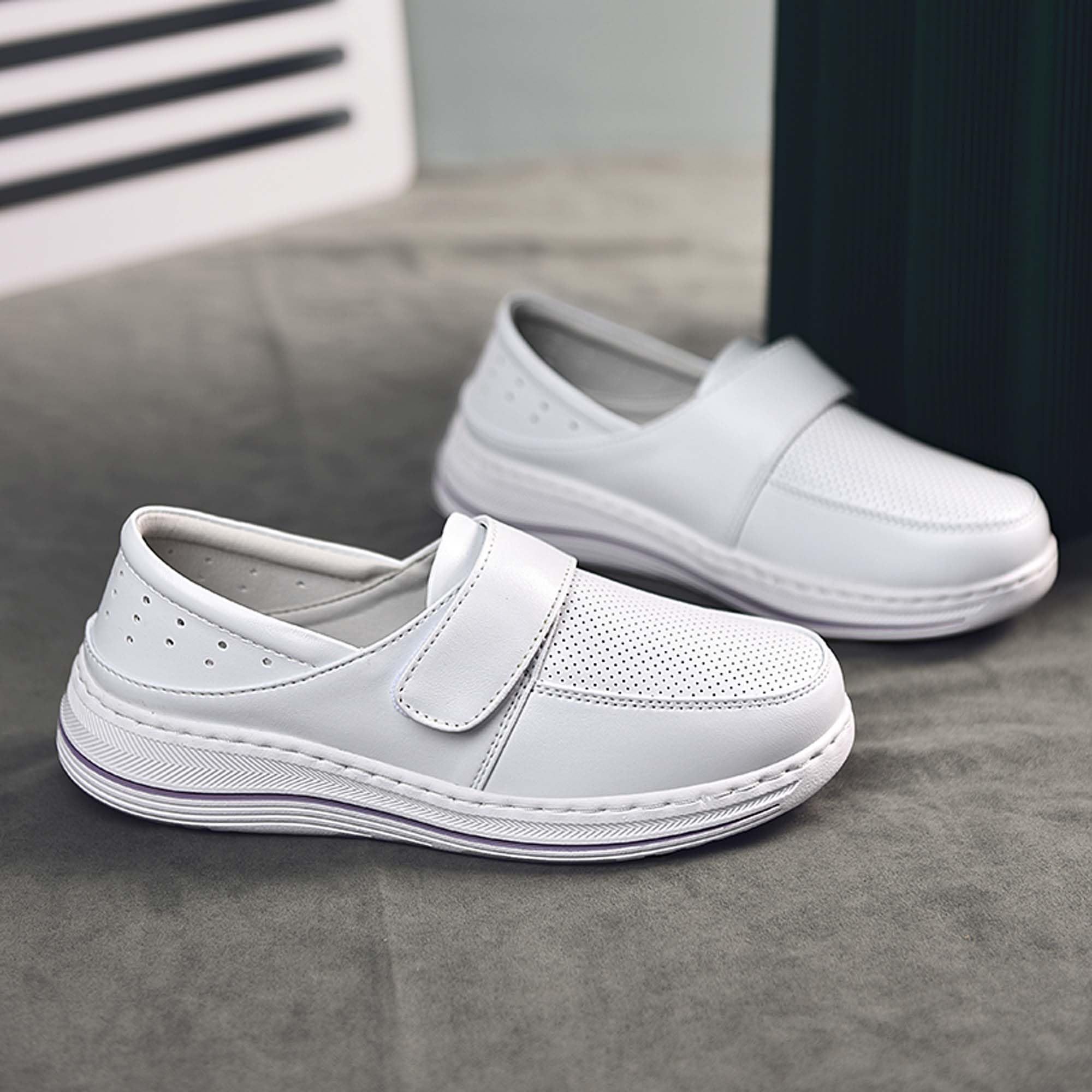 Women's Slip Resistant Comfort Nursing ShoesStrap Lightweight Healthcare Nursing Shoes Slip Resistant Work Shoes White