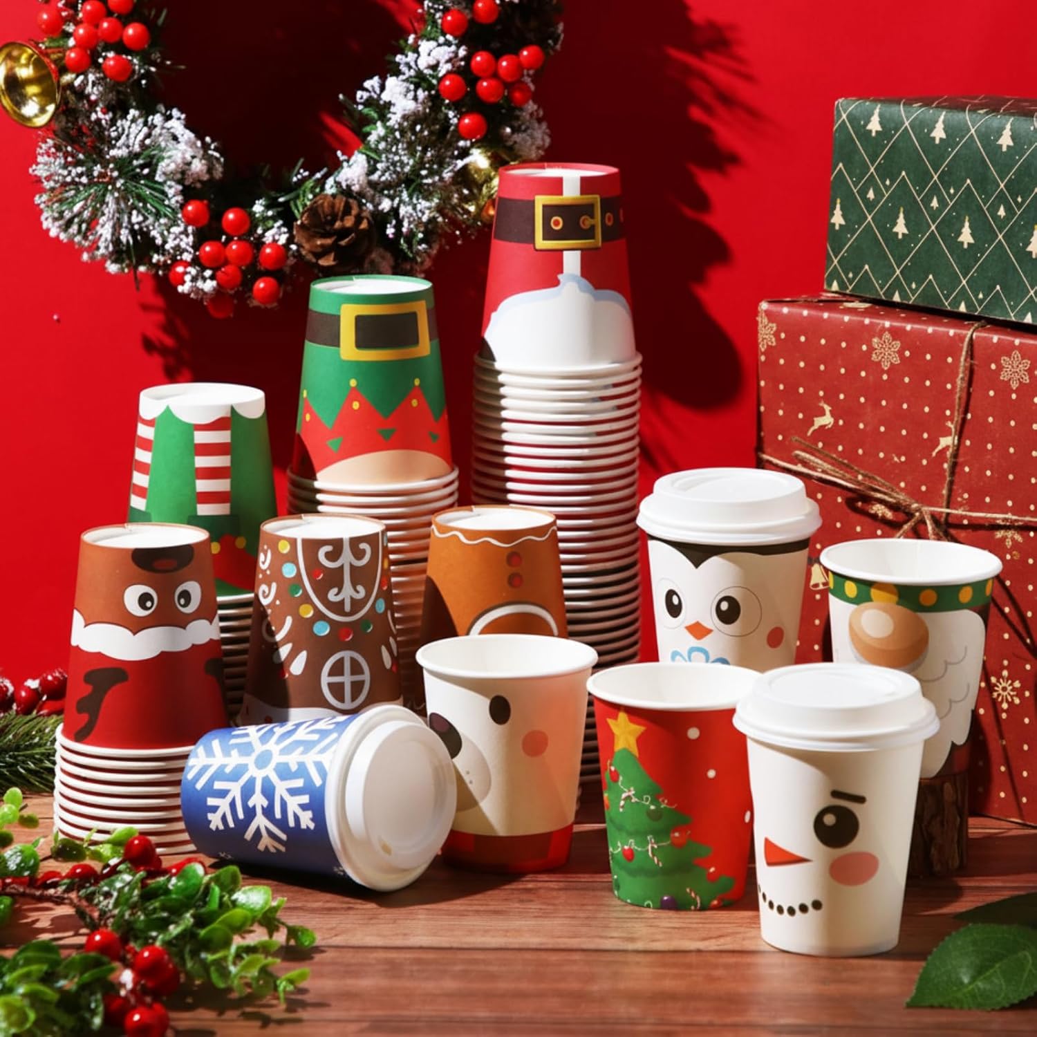 60 Pack Christmas Disposable Coffee Cups with Lids Bulk 12 oz Christmas Paper Coffee Cups 12 Styles for Cold Beverage Hot Cocoa Chocolate Drinking Xmas Winter Holiday Party Supplies