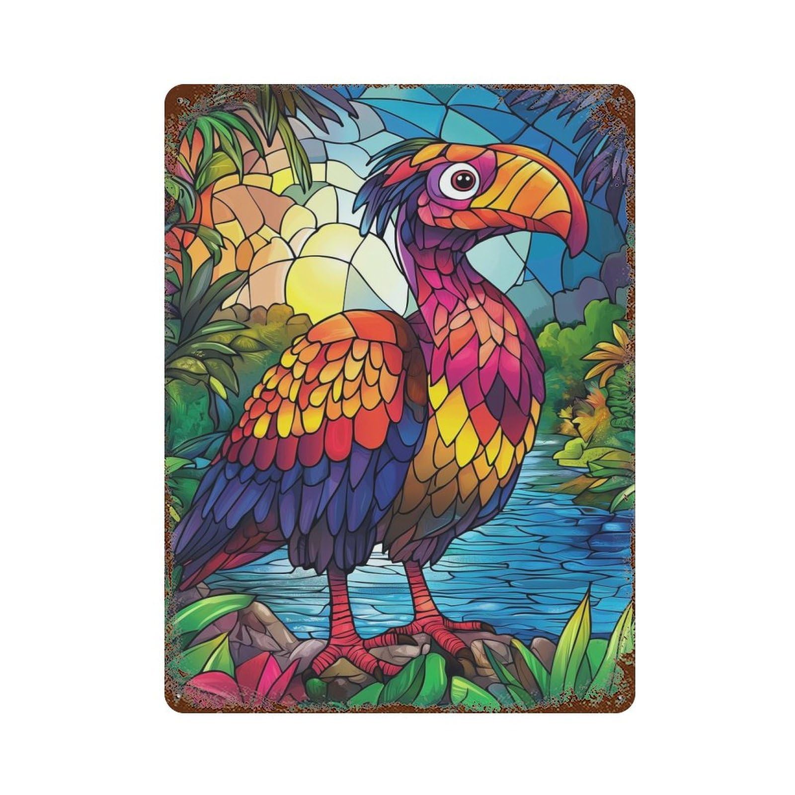 Garage Style Stained Glass Bird Weathered Tin Sign 15.7"x11.8", Classic Wall Plaque for Bar And Workshop