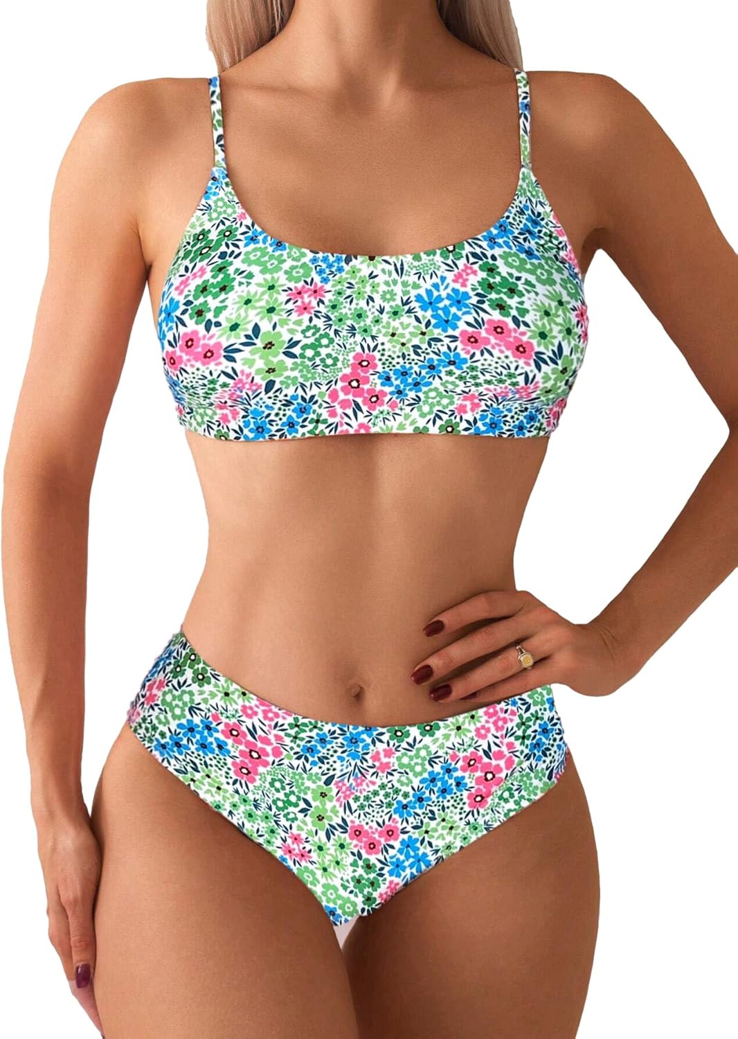 Fanuerg Women's Bikini Sets Scoop Neck Two Piece Swimsuit Floral Print Cheeky Bathing Suit