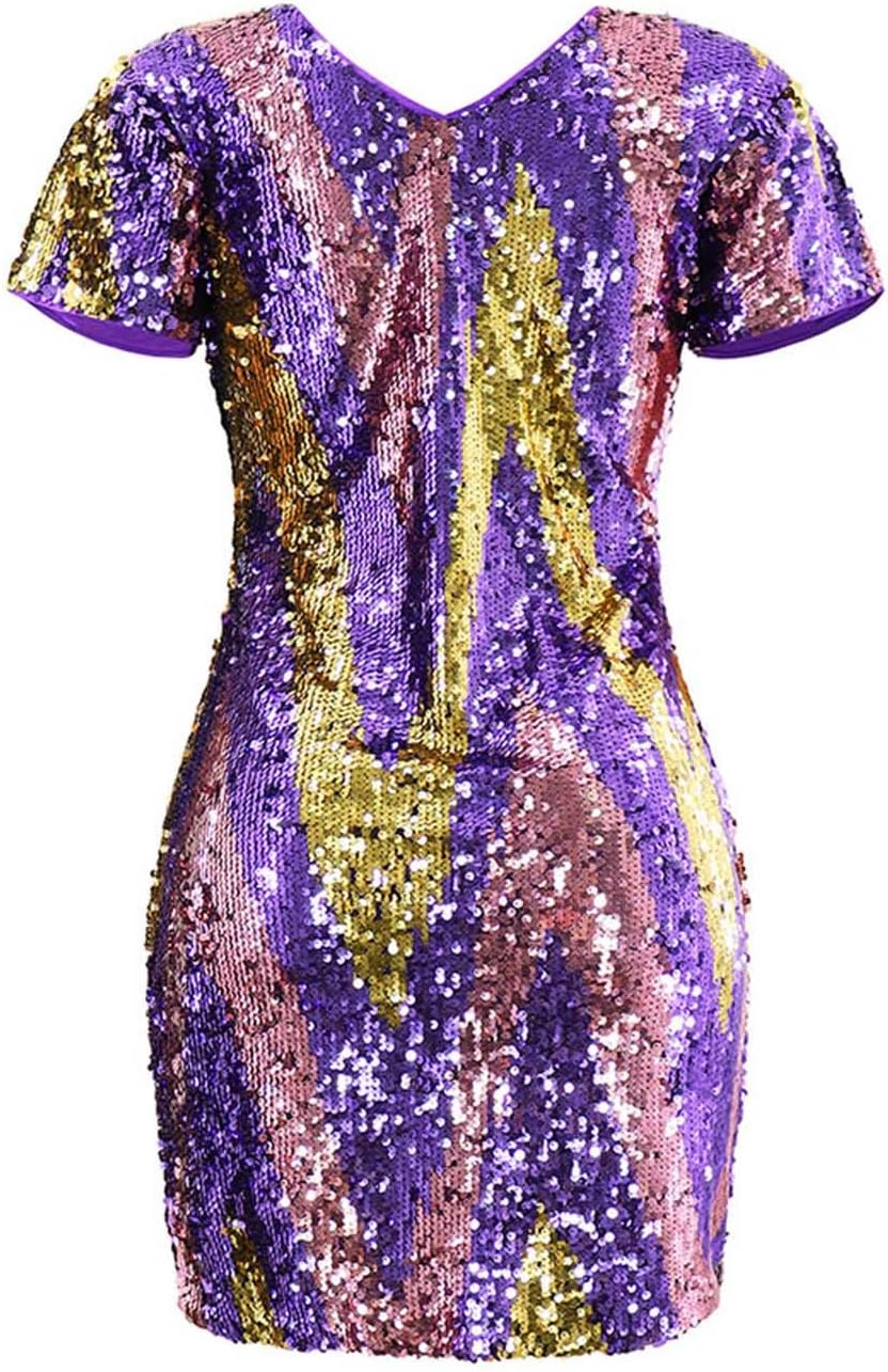 Women Sparkly Sequin Mini Dress,Color Block V Neck Party Dresses