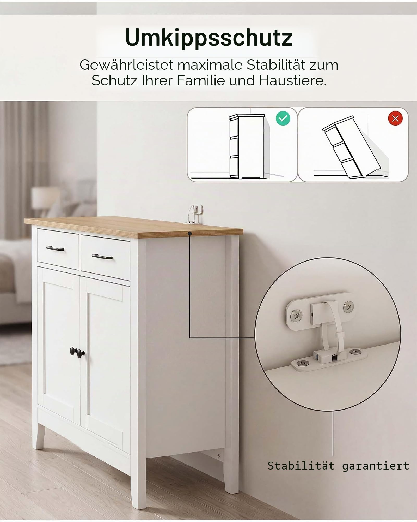 Sideboard mit Schubladen Küchenschrank mit Arbeitsplatte und 2 Türen Buffetschrank & Kücheninsel Aufbewahrungsschrank Landhausstil für Esszimmer Flur & Wohnzimmer Weiß Eiche 91x40x82 cm