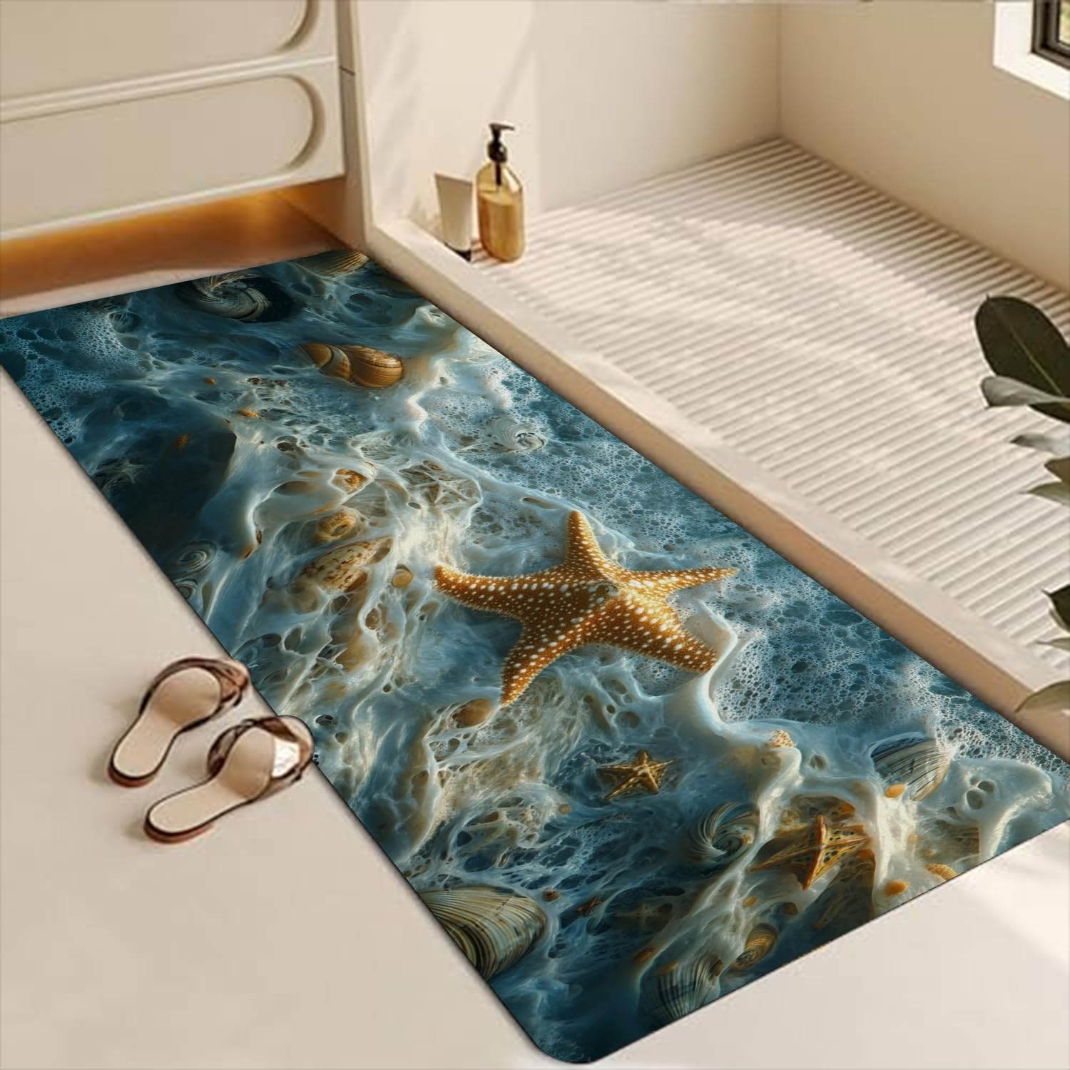 SHUVORGU Bathroom Runner Mat Rugs Long,Cool Starfish Shell Beach Picture Diatomite Stone Bath Mat Large Absorbent Diatomaceous Earth Mat Non Slip Fast
