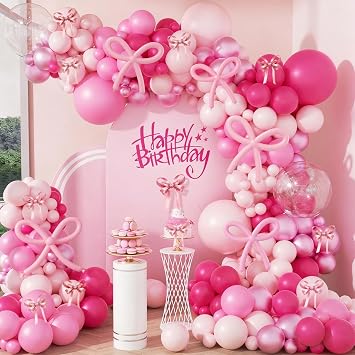 140pcs Bow Hot Pink Balloon Arch Kit, Hot Pink Light Pink Metallic Pink Balloon 18inch Clear Balloons Pink 260 Balloons for Pink Bow Coquette Birthday Decorations Baby Shower Party Decorations
