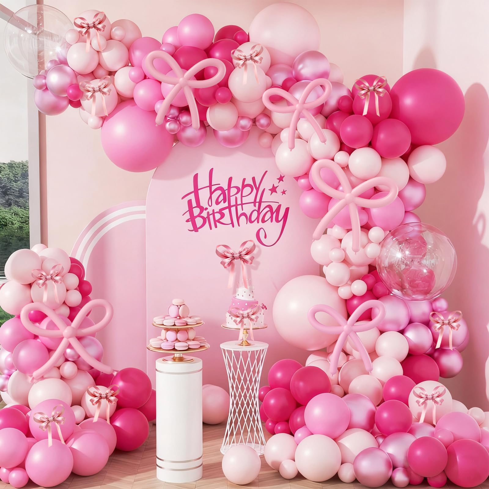 Photo 1 of 140pcs Bow Hot Pink Balloon Arch Kit, Hot Pink Light Pink Metallic Pink Balloon 18inch Clear Balloons Pink 260 Balloons for Pink Bow Coquette Birthday Decorations Baby Shower Party Decorations