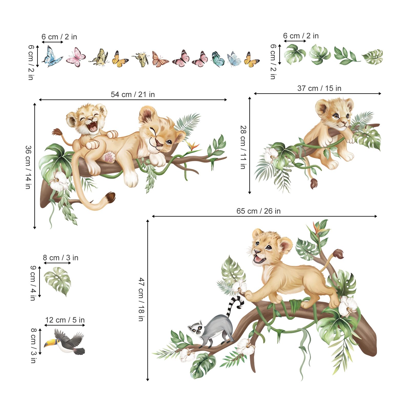wondever Stickers Muraux Lion Animaux de la Jungle Autocollants Muraux Mural Stickers Enfant Safari Branche Arbre pour Chambre Enfants Bébé Pépinière