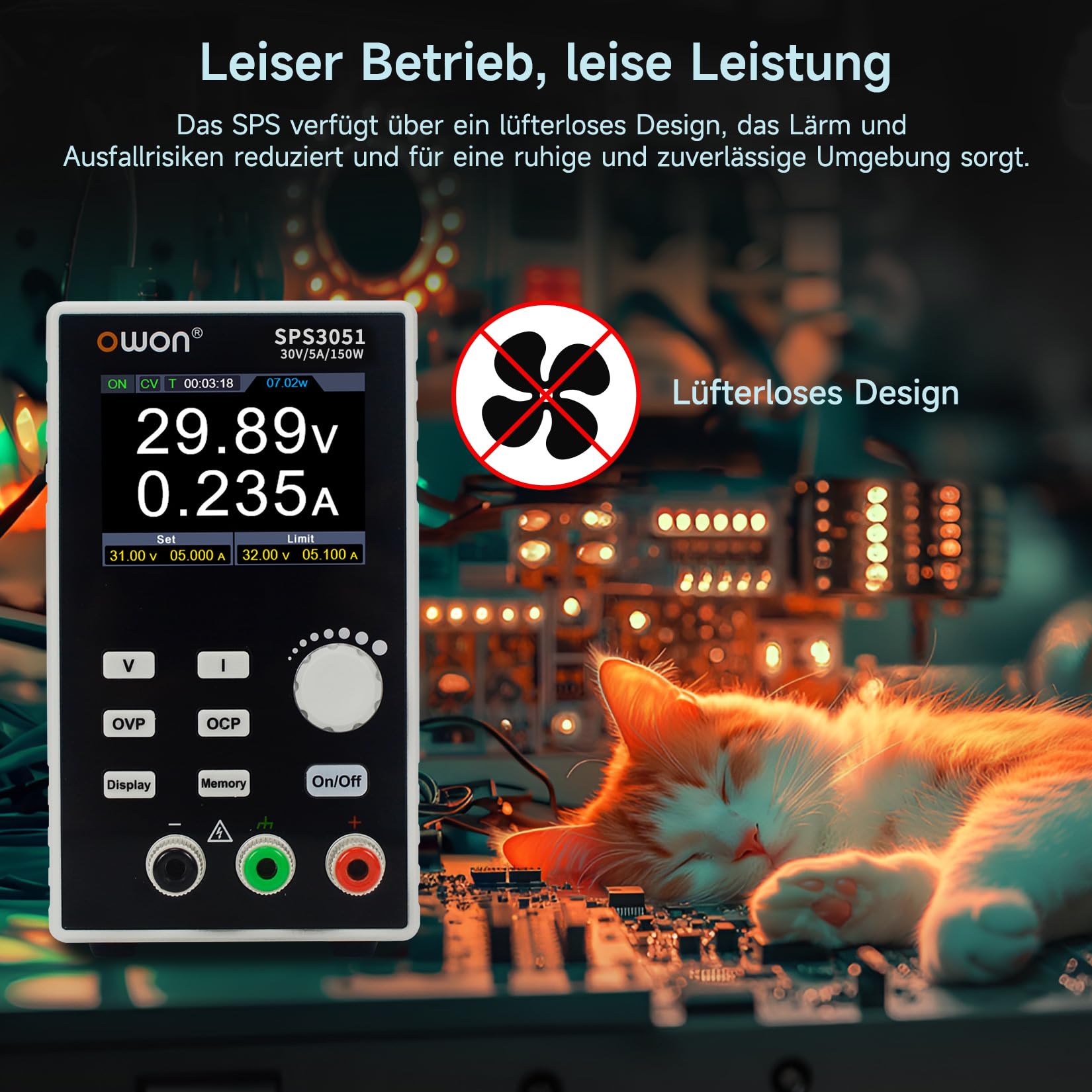 OWON SPS3051 DC-Netzteil Einkanaliges Programmierbares, Labornetzteil mit Ausgangsgenauigkeit bis zu 10mV/1mA, Ausgangsbereich 0-30V/0-5A, Ausgangsleistung 150W, 2,8-Zoll-TFT-LCD-Bildschirm