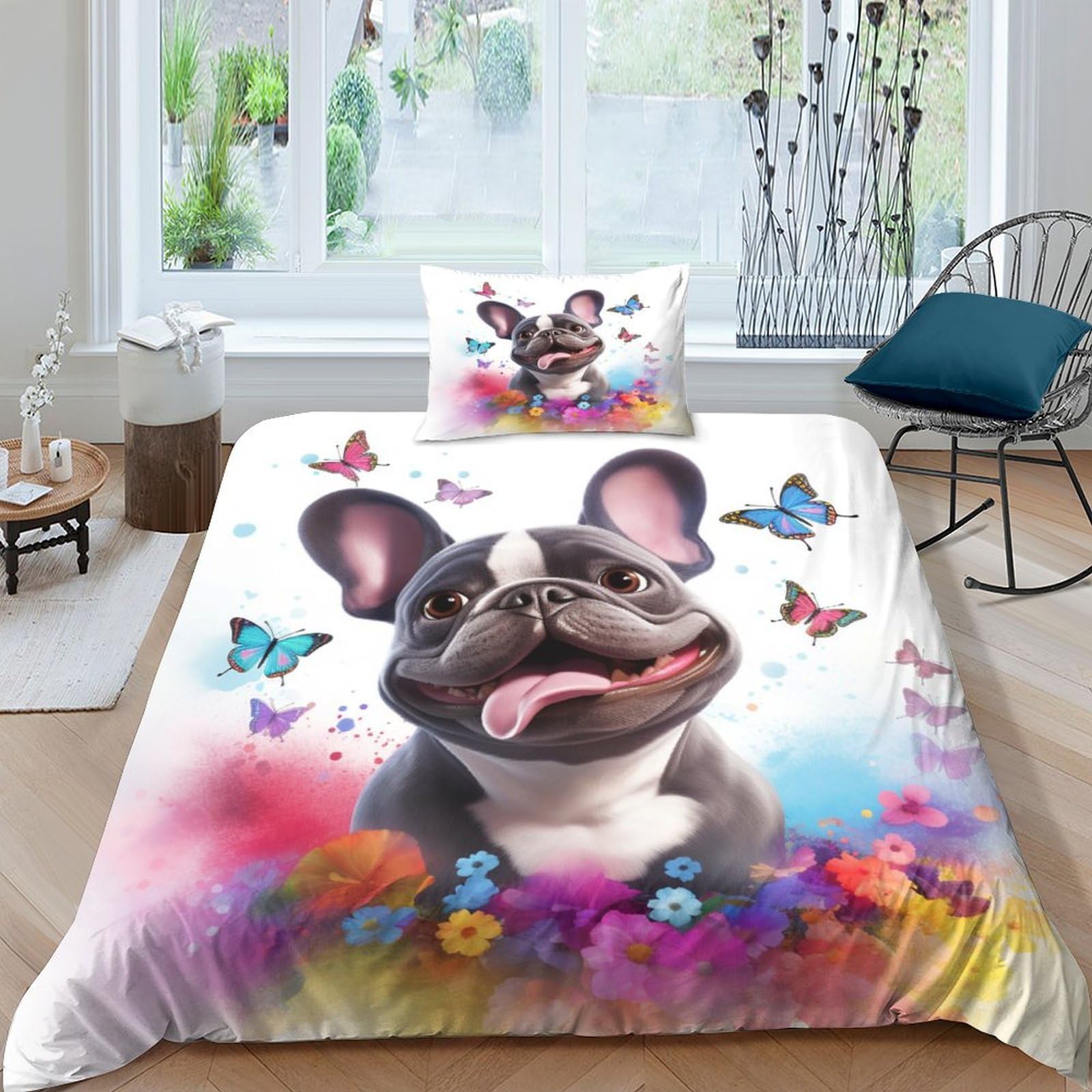 Parure de lit bouledogue hypoallergénique et respirante avec housse de couette zippée