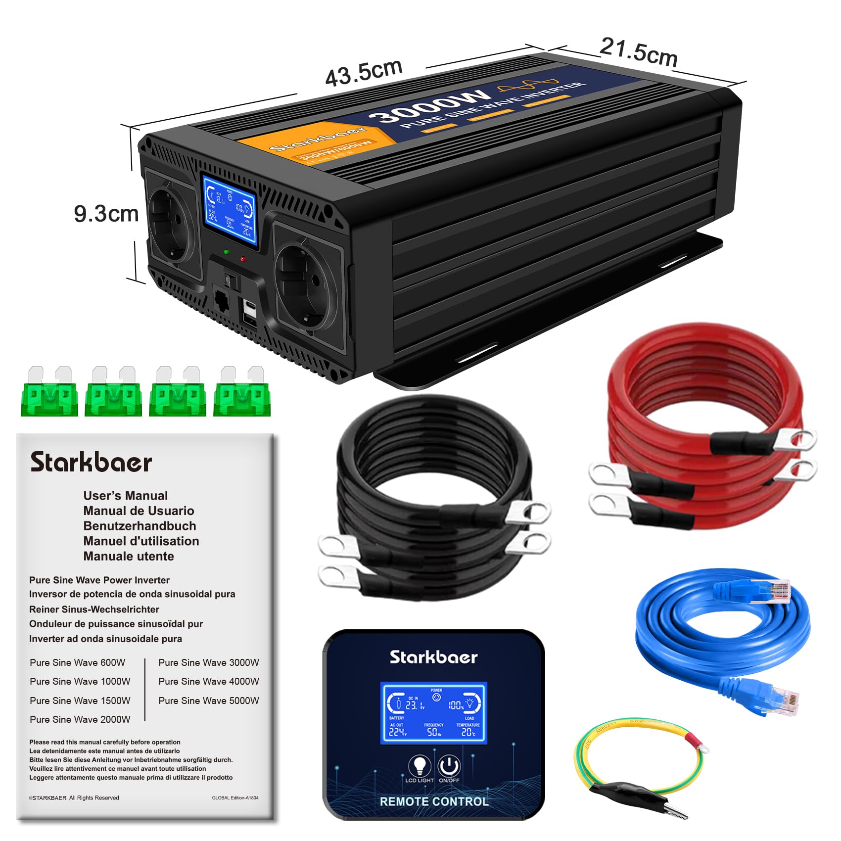 3000W/6000W inversor 12V 220V Onda Pura, Transformador 220v a 12v, convertidor para Coche, con Pantalla LCD, Mando, Enchufe CA y USB-C. Ideal para autocaravanas, Coches, Solar, Camping y apagones