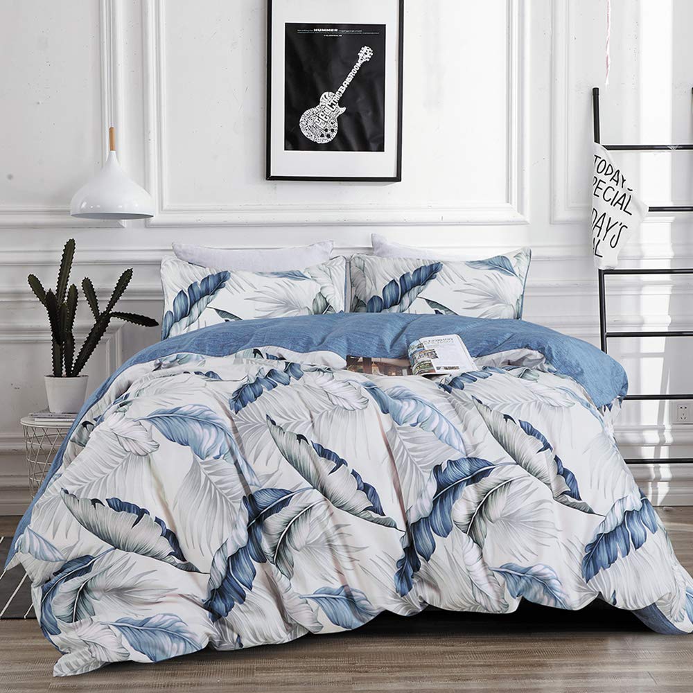 Duvet Cover Queen Premium Cotton Leaves Duvet Cover Set,Covers with Zipper Closure,Soft Breathable 3-Piece Kids Boys Bedding Set Full/Queen