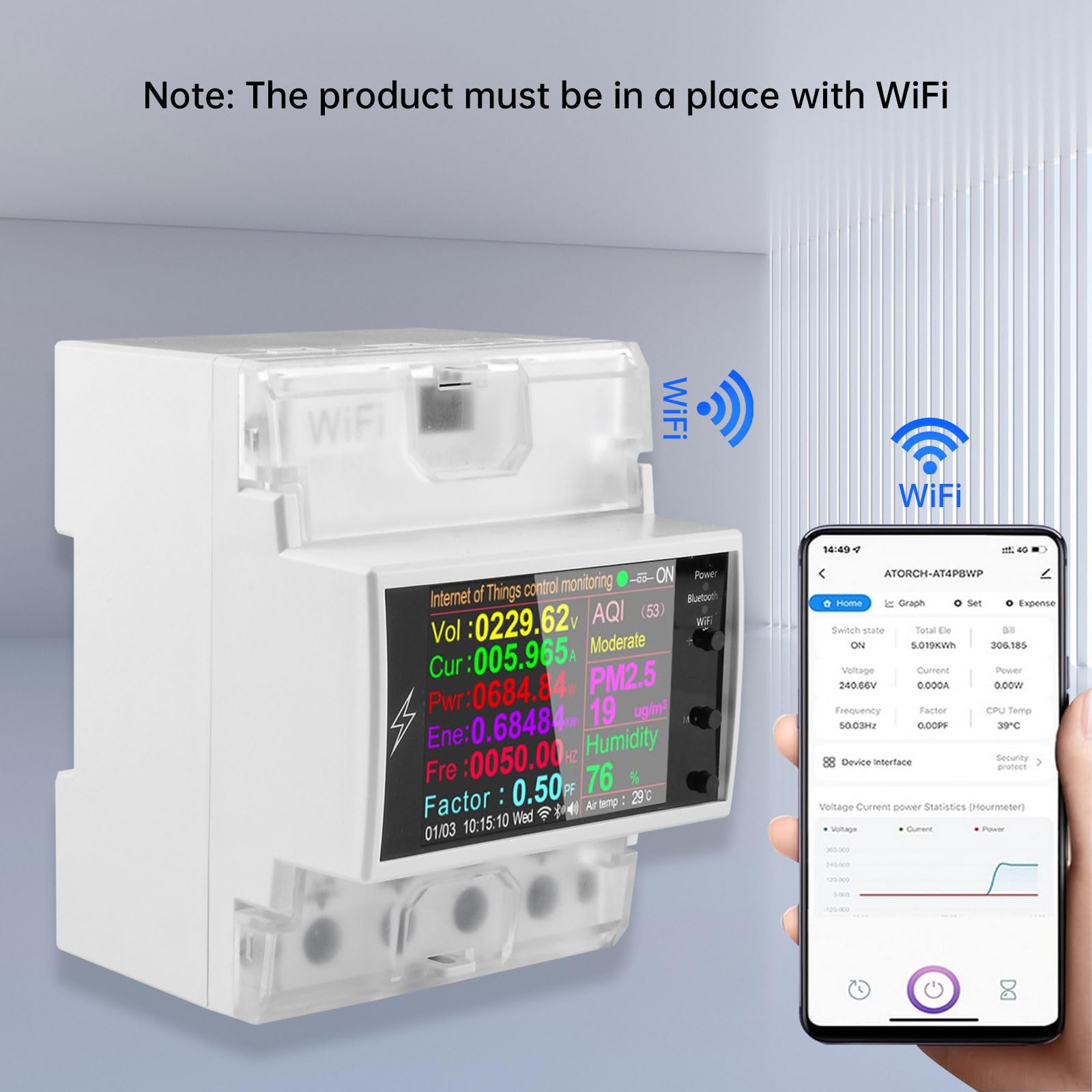 Diymore Misuratore di Energia 100A WiFi Din Rail Telecomando per interruttore intelligente,Monitor del consumo di energia digitale,Misuratore di fattore di frequenza AC85-265V Digital Volt Amp Kwh