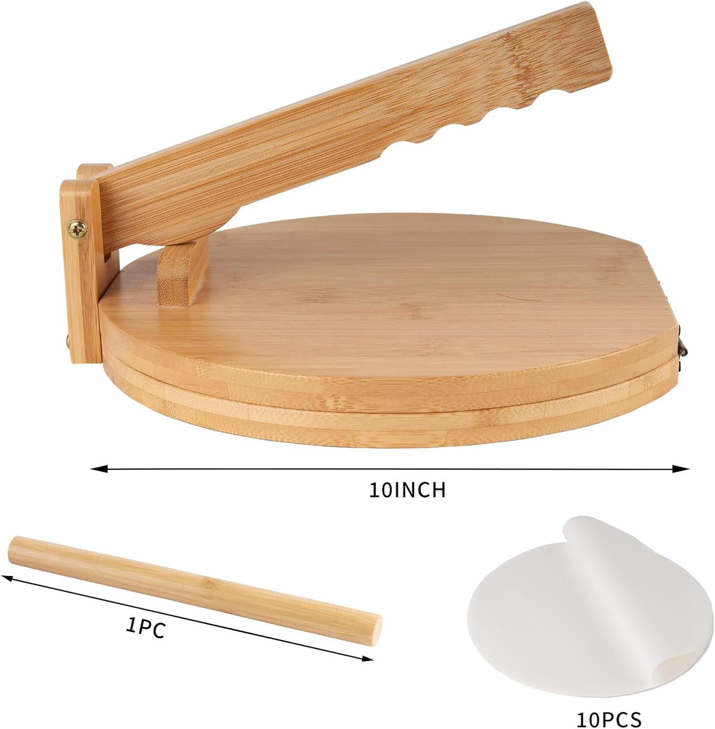 Wooden Tortilla Press 10 Inches with Rolling Pin & 50 Pcs Parchment Paper Mexican Tortillera Presser Homemade Tortillas Roti Pataconera Dough Press