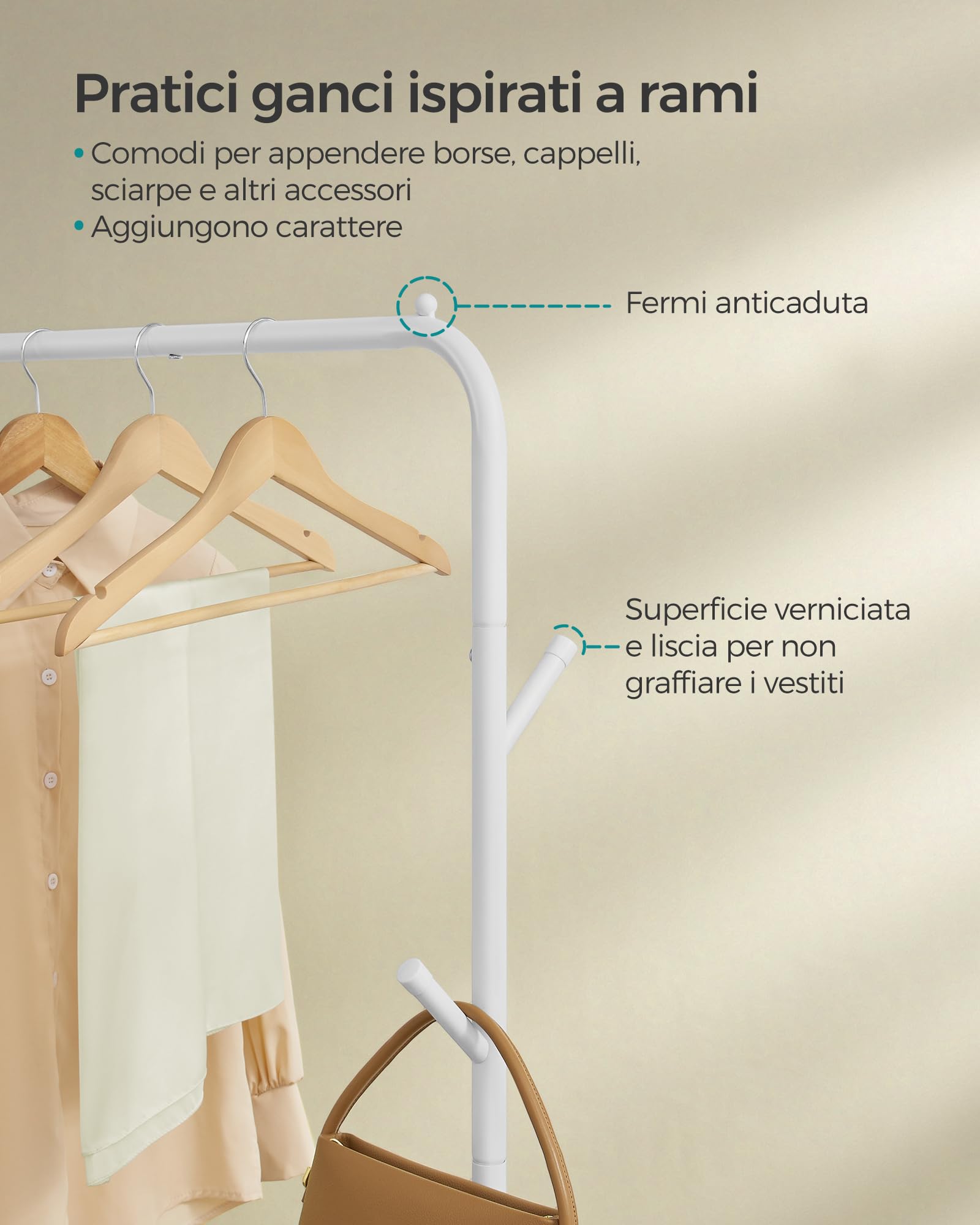 SONGMICS Appendiabiti singolo, struttura in metallo resistente, con ruote e ripiano, portata massima 50 kg, larghezza 103,5 cm, colore: bianco nuvola HSR131W01