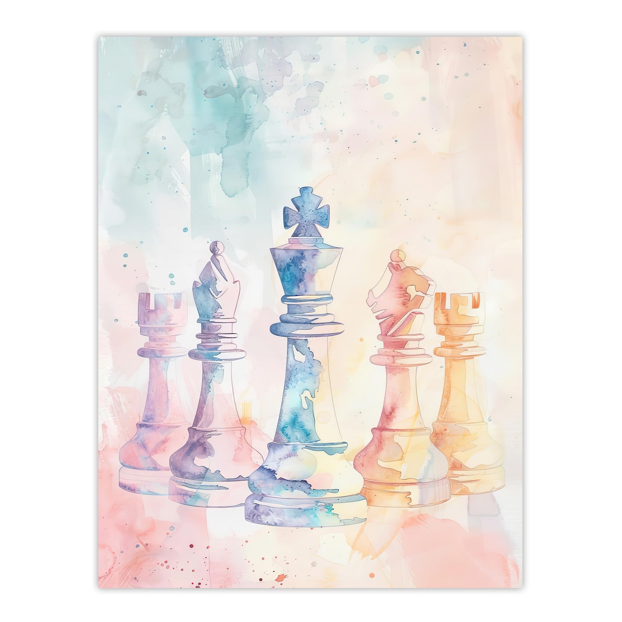 Artery8 Stylised Chess Pieces Light Pastel Watercolour Living Room Large Wall Art Poster Print Thick Paper 18X24 Inch