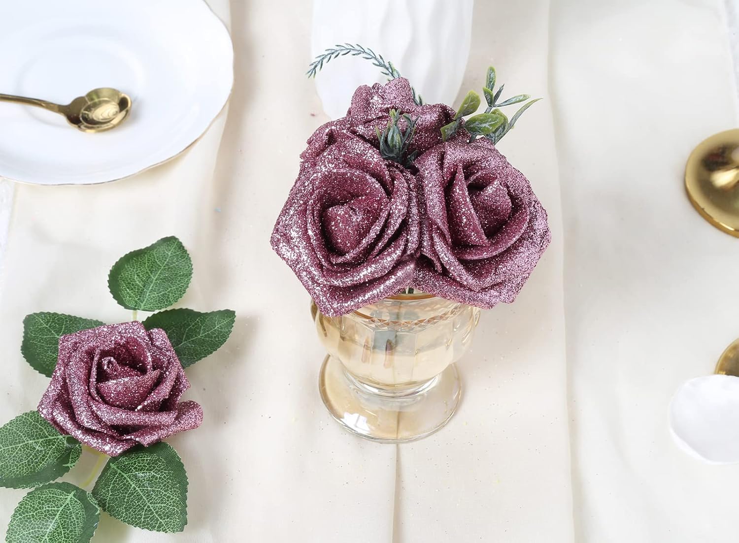 IPOPU Fake Roses,50PCS Rose Gold Flowers Artificial Glitter Roses with Stems for Crafts DIY Wedding Bouquet Home Party Decoration(Rose Gold) - Image 8