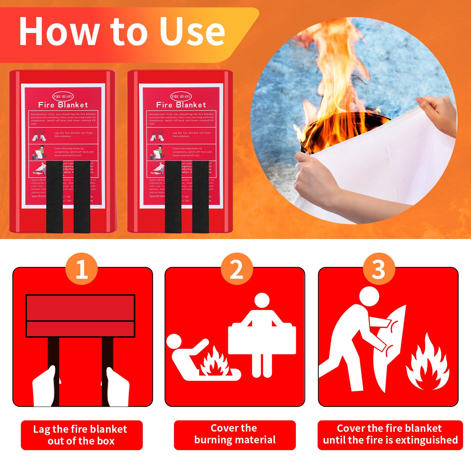 Copkim Paquete de 4 mantas de emergencia contra incendios, manta de fibra de vidrio para supresión de incendios con caja, ignífuga, manta ignífuga, cubierta de supervivencia de seguridad para el
