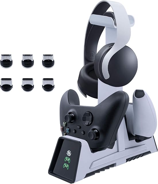 Mcbazel Dual Charging Station with Headset Holder for PS5, Fast Charging Dock with LED Indicator for PS5/ PS4/ Switch Pro/Xbox One/Xbox One Slim/Xbox Elite/Xbox Series X&S Controllers