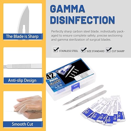 Miniatura 3 de Glarks Kit de 42 cuchillas de grado quirúrgico, 40 cuchillas quirúrgicas desechables #10 #11 #12 #15, 2 mangos de bisturí #3 para laboratorio de