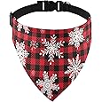 Dog Cat Collar and Bandana Set Pet Christmas Collar Classic Plaid Snowflake Adjustable Collars with Bow and Triangle Bibs Kerchief，Red Snowflake + Bandana