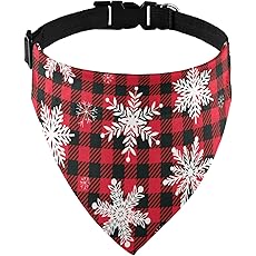 Dog Cat Collar and Bandana Set Pet Christmas Collar Classic Plaid Snowflake Adjustable Collars with Bow and Triangle Bibs Kerchief，Red Snowflake + Bandana