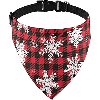 Dog Cat Collar and Bandana Set Pet Christmas Collar Classic Plaid Snowflake Adjustable Collars with Bow and Triangle Bibs Kerchief，Red Snowflake + Bandana