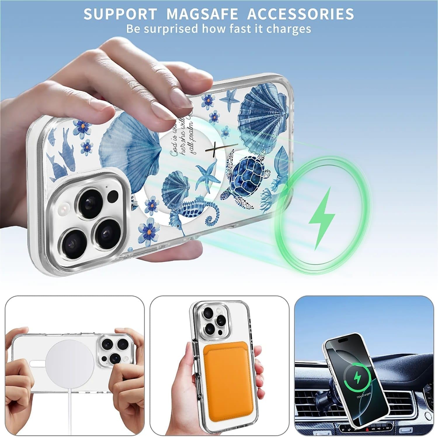 for iPhone 16 Pro Case, Clear with Ocean Turtle Shell Collage Pattern Campatible with Magsafe Soft Protective Case for Women Girl (White) - Image 5