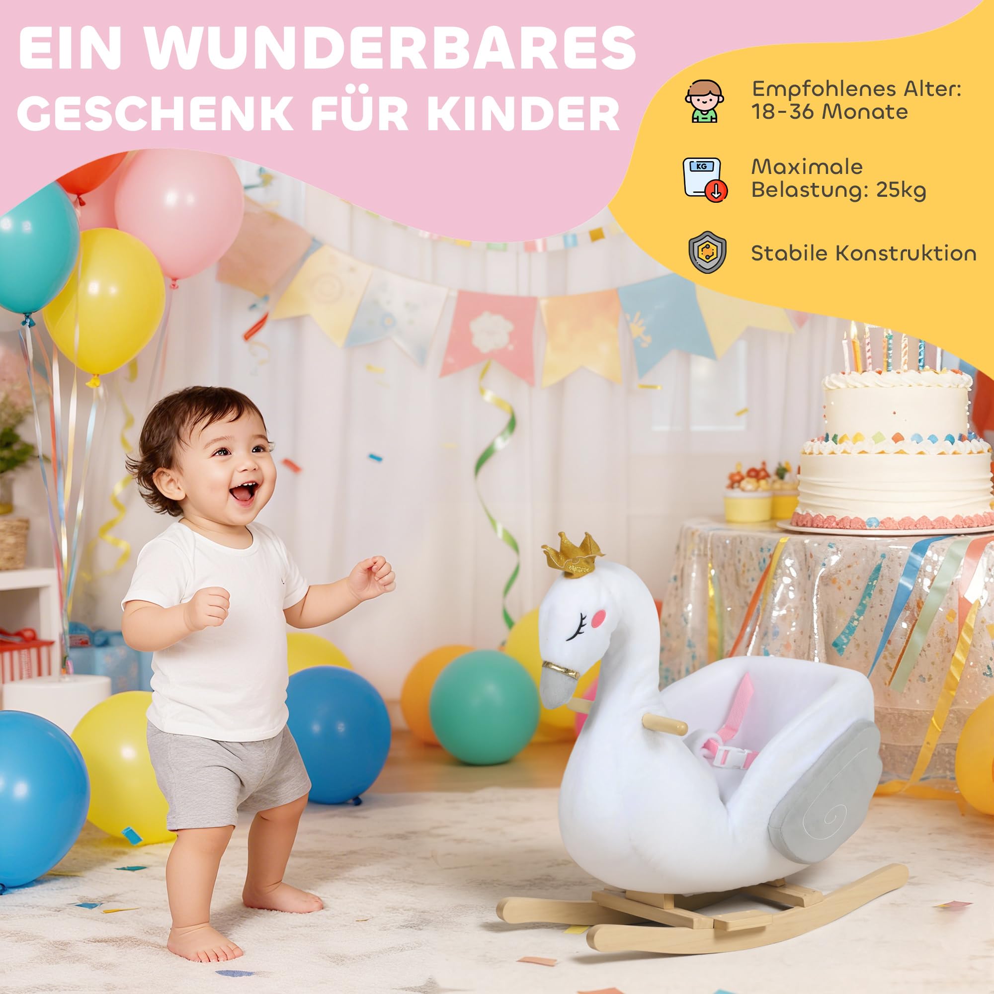 AIYAPLAY Huśtawka łabędź z kołysanką, 1,5-3 lat, biały