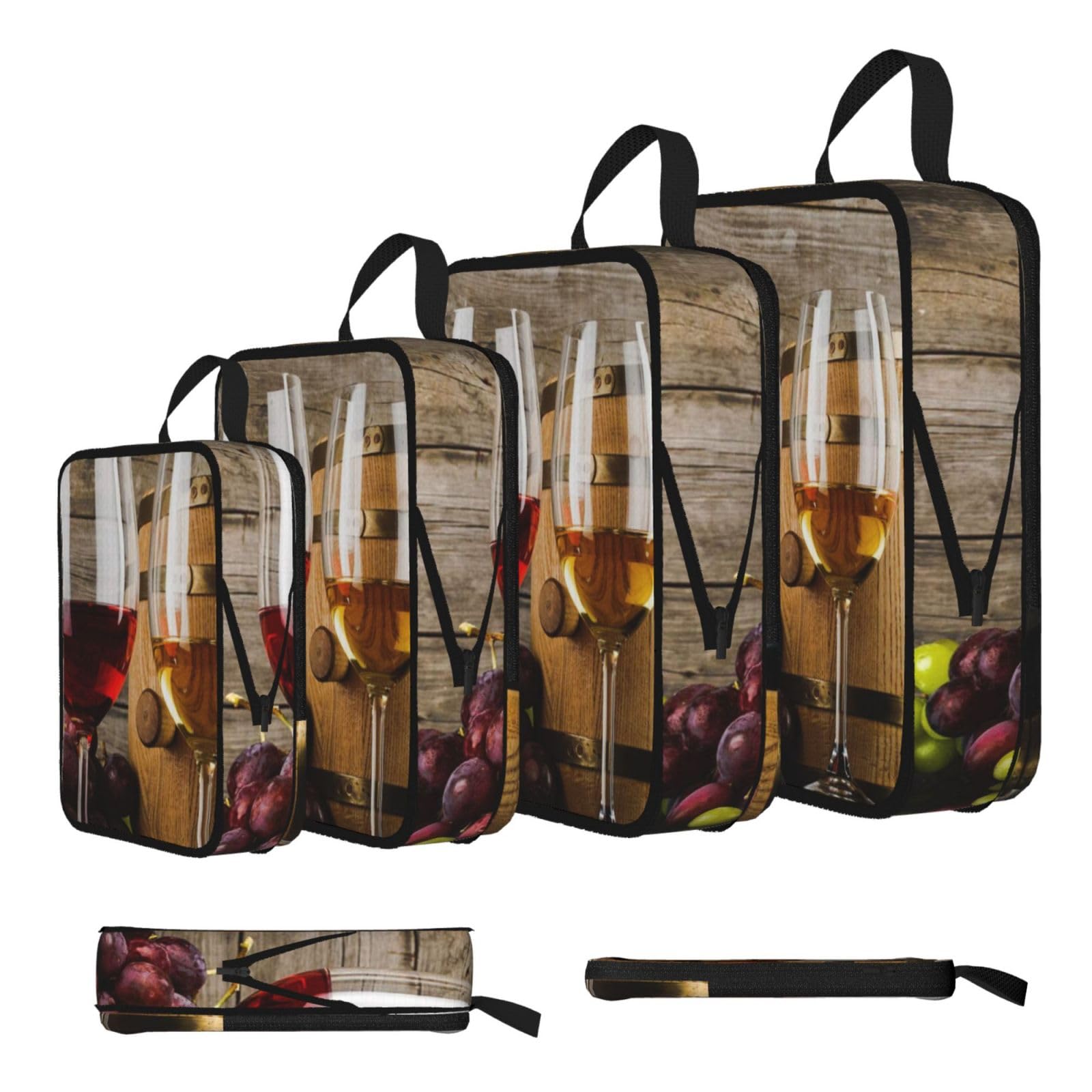 Red Wine Galsses & Grapes With Wooden Print Compression Packing Cubes 4-Piece Set With Multi- Compartment Travel Bag, Waterproof Suitcase Organiser Bags