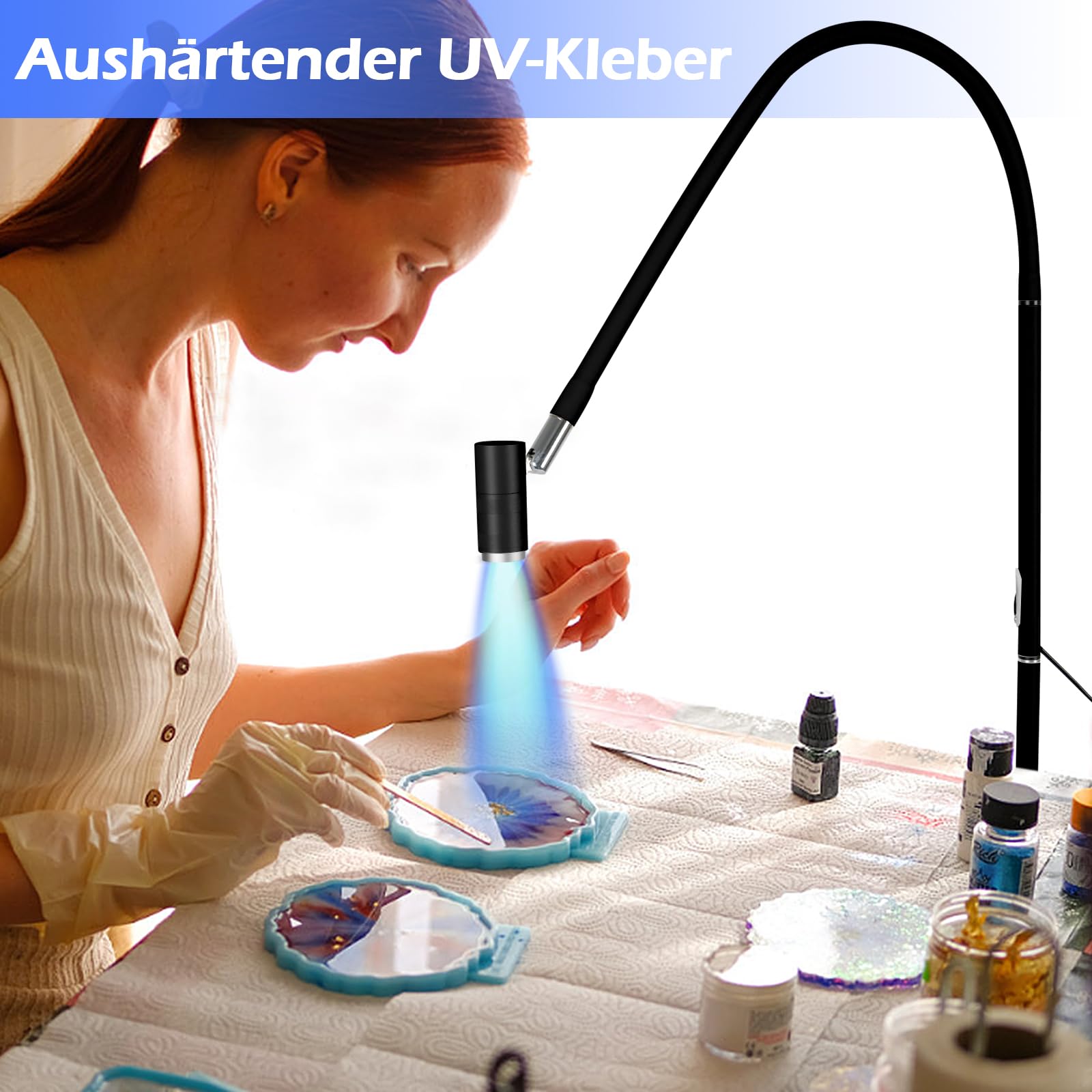 Lampa UV do rzęs, 6 W, lampa UV do rzęs z włącznikiem nożnym, okulary ochronne, lampa UV Lash z regulacją rozmiaru punktowego, elastyczna szyja 360°, światło UV do utwardzania paznokci żelowych i